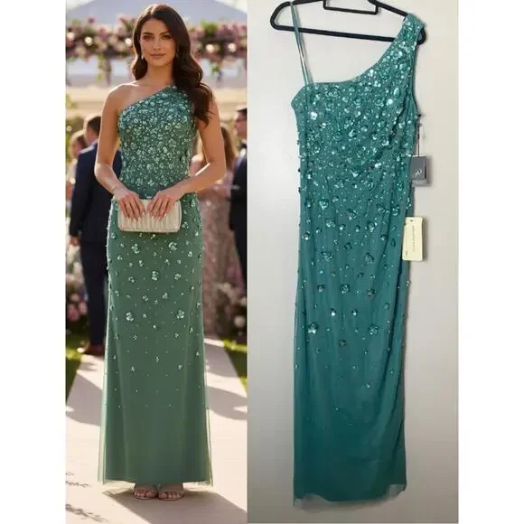 NWT ADRIANNA PAPELL DRESS GOWN GREEN SEQUIN MOTHER OF THE BRIDE FORMAL EVENING - Picture 1 of 16